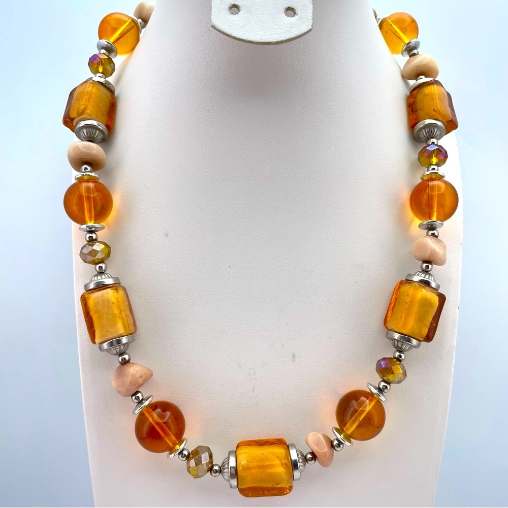 Stunning Amber Tone Glass Beaded Necklace Silver Spacers Adjustable Statement